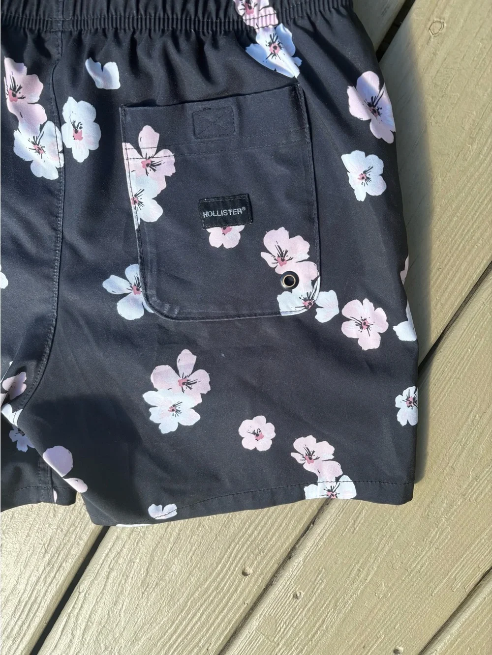 HOLLISTER Floral Black Swim Shorts with Pink & Light Blue Flowers, Size: XS